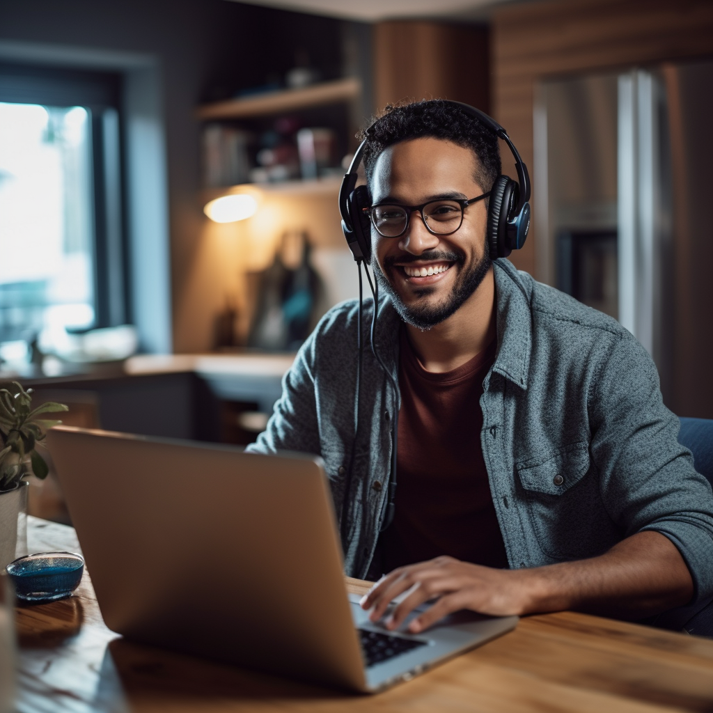 **a remote worker on his computer. Professionnal but smiling --repeat 10 --v 5.1** - Image #2
