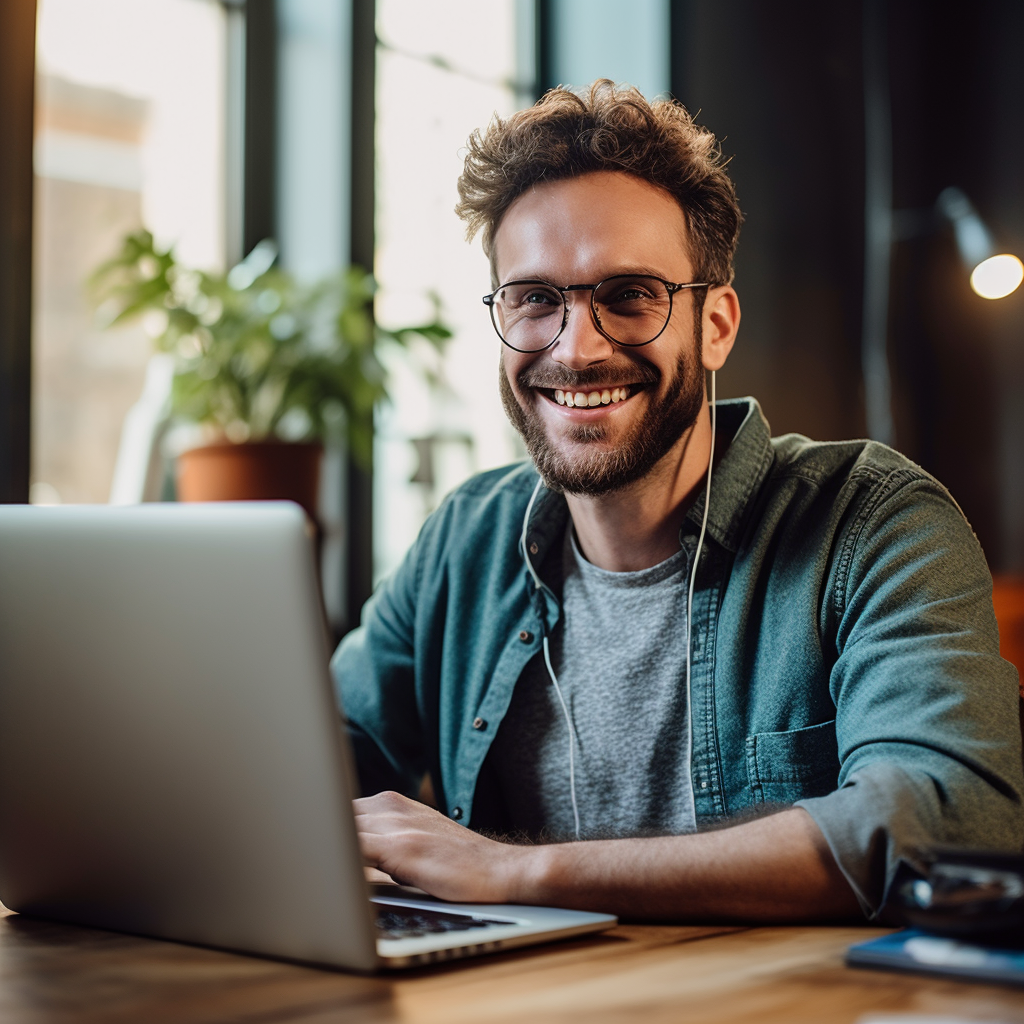 **a remote worker on his computer. Professionnal but smiling --repeat 10 --v 5.1** - Image #1
