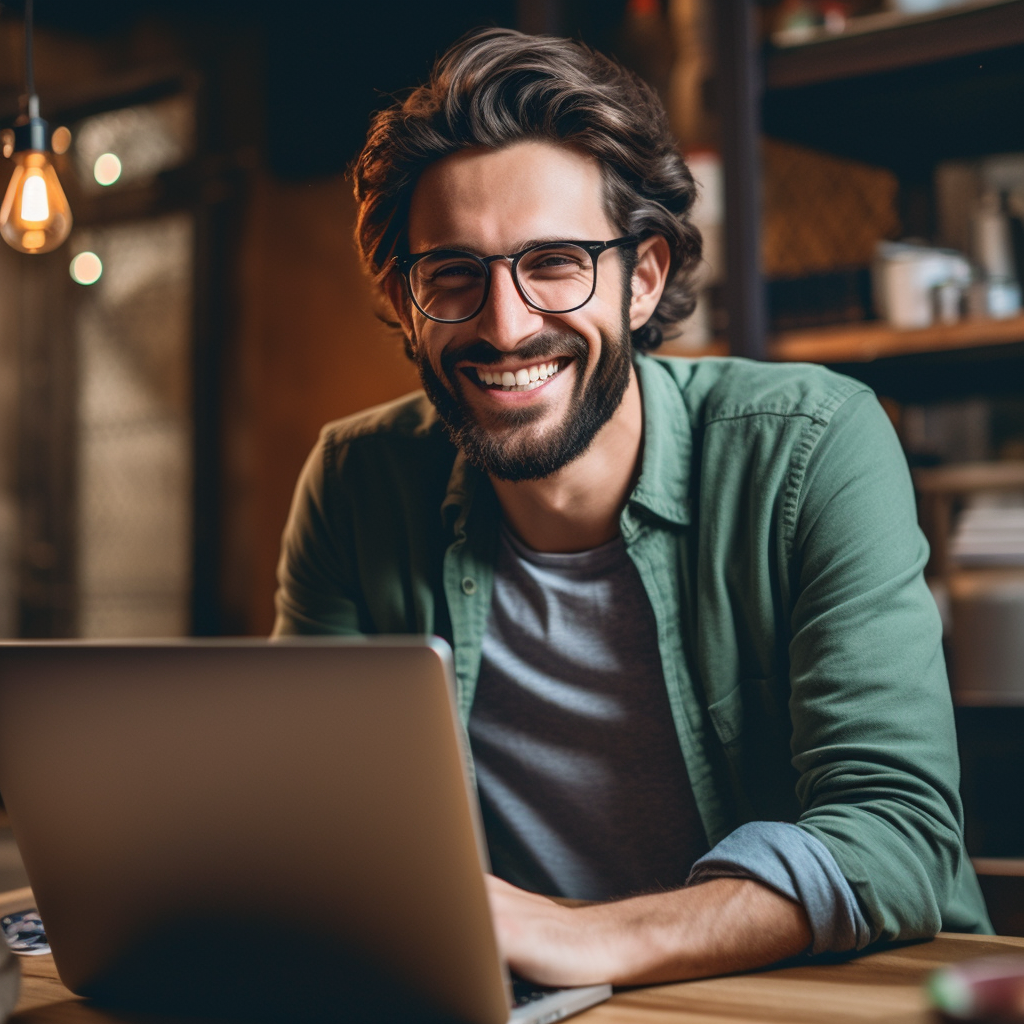 **a remote worker on his computer. Professionnal but smiling --repeat 10 --v 5.1** - Image #1