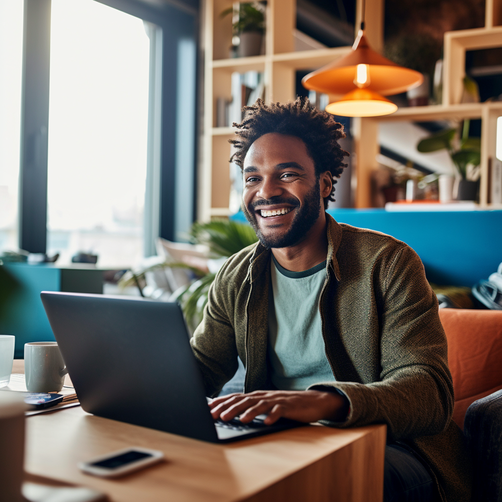 **a remote worker on his computer. Professionnal but smiling --repeat 10 --v 5.1** - Image #4