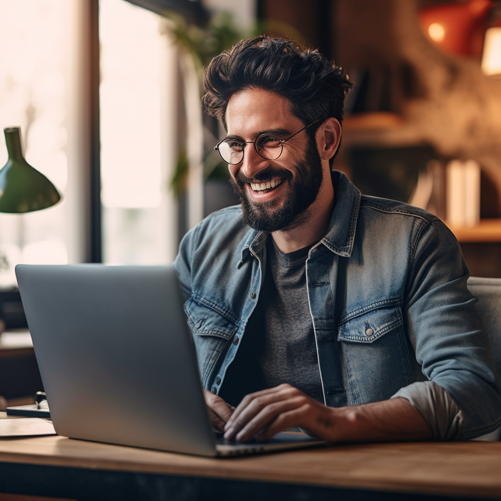 **a remote worker on his computer. Professionnal but smiling --repeat 10 --v 5.1** - Image #2