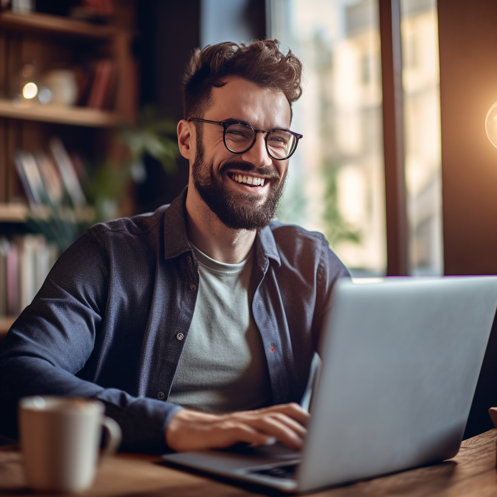 **a remote worker on his computer. Professionnal but smiling --repeat 10 --v 5.1** - Image #2
