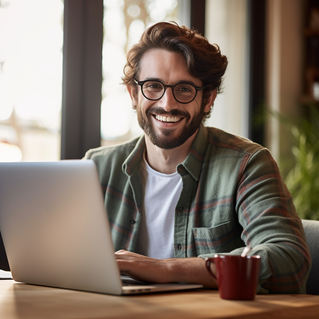 **a remote worker on his computer. Professionnal but smiling --repeat 10 --v 5.1** - Image #3