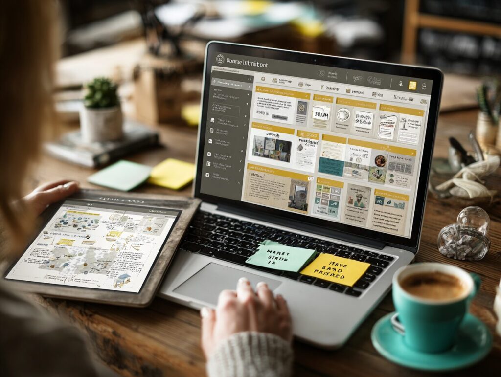 A foreign HR professional or startup founder (30s, smart-casual attire) sits at a modern desk in a bright office or co-working space, reviewing a “Remote Hiring Toolkit” on a laptop. On screen: well-organized templates like a job description, interview scorecard, onboarding checklist, and offer letter — all visible as clean documents or Google Sheets. The desk features a tablet showing a candidate pipeline, a printed document titled “Hiring Process,” and sticky notes that say “Streamline,” “Save Time,” and “Remote Ready.” Nearby, a cup of coffee, a branded notebook, and subtle décor like a small globe or digital clock. Lighting is natural, the workspace is tidy, and the vibe is professional and forward-thinking. Captured in ultra-realistic 4K resolution, with clean lines, neutral tones, and a focus on efficiency and organization.