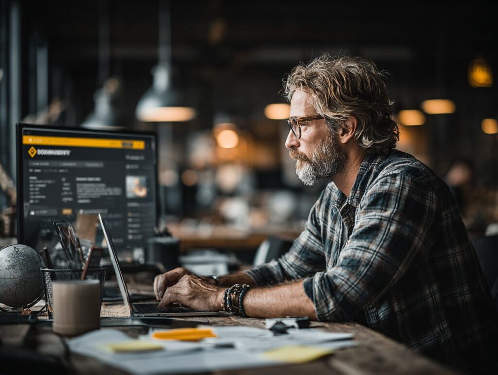 A foreign HR professional or startup founder (30s, smart-casual attire) sits at a modern desk in a bright office or co-working space, reviewing a “Remote Hiring Toolkit” on a laptop. On screen: well-organized templates like a job description, interview scorecard, onboarding checklist, and offer letter — all visible as clean documents or Google Sheets. The desk features a tablet showing a candidate pipeline, a printed document titled “Hiring Process,” and sticky notes that say “Streamline,” “Save Time,” and “Remote Ready.” Nearby, a cup of coffee, a branded notebook, and subtle décor like a small globe or digital clock. Lighting is natural, the workspace is tidy, and the vibe is professional and forward-thinking. Captured in ultra-realistic 4K resolution, with clean lines, neutral tones, and a focus on efficiency and organization.